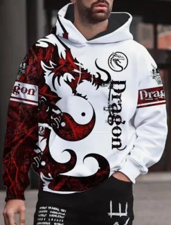New OUKU Men's Graphic Animal Dragon Hoodie Hoodies Sweatshirt Streetwear Designer Long Sleeve Hooded Sports & Outdoor Daily Wine Red Pink Print Spring & Fall Designer