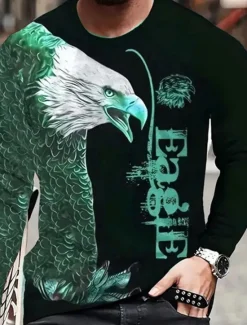 Outlet OUKU Men's Graphic Animal Eagle T Shirt Long Sleeve T shirt 3D Print Crew Neck Shirt Fashion Designer Casual Sports Outdoor Holiday Going out Blue Purple Brown Spring & Fall Clothing Apparel S M L XL 2XL