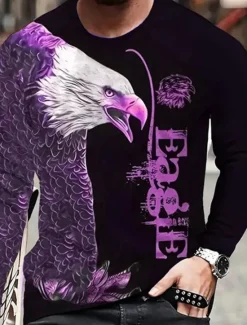 Outlet OUKU Men's Graphic Animal Eagle T Shirt Long Sleeve T shirt 3D Print Crew Neck Shirt Fashion Designer Casual Sports Outdoor Holiday Going out Blue Purple Brown Spring & Fall Clothing Apparel S M L XL 2XL
