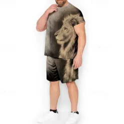 Outlet OUKU Men's Graphic Animal Lion 2pcs Tees sets Matching Sets Short Sleeve Short Pants Crew Neck Fashion Designer Comfortable Outdoor Casual Daily Print Spring & Summer Blue Red Brown