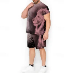 Outlet OUKU Men's Graphic Animal Lion 2pcs Tees sets Matching Sets Short Sleeve Short Pants Crew Neck Fashion Designer Comfortable Outdoor Casual Daily Print Spring & Summer Blue Red Brown