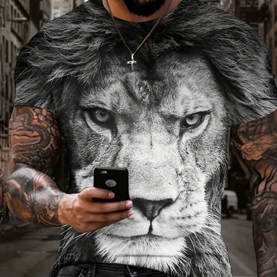 OUKU Men's Graphic Animal Lion T Shirt Short Sleeve T shirt 3D Print Crew Neck Shirt Vintage Fashion Designer Outdoor Daily Sports Dark Brown Black Yellow Spring & Summer Clothing Apparel S M L XL 2XL 3XL
