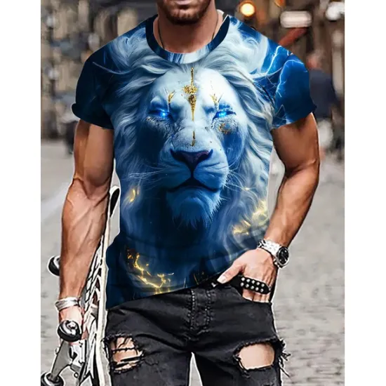 OUKU Men's Graphic Animal Lion T Shirt Short Sleeve T shirt 3D Print Crew Neck Shirt Vintage Fashion Designer Outdoor Daily Sports Dark Brown Black Yellow Spring & Summer Clothing Apparel S M L XL 2XL 3XL