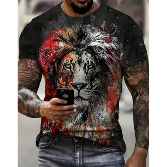 OUKU Men's Graphic Animal Lion T Shirt Short Sleeve T shirt 3D Print Crew Neck Shirt Vintage Fashion Designer Outdoor Daily Sports Dark Brown Black Yellow Spring & Summer Clothing Apparel S M L XL 2XL 3XL