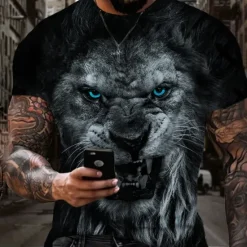 OUKU Men's Graphic Animal Lion T Shirt Short Sleeve T shirt 3D Print Crew Neck Shirt Vintage Fashion Designer Outdoor Daily Sports Dark Brown Black Yellow Spring & Summer Clothing Apparel S M L XL 2XL 3XL