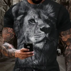 OUKU Men's Graphic Animal Lion T Shirt Short Sleeve T shirt 3D Print Crew Neck Shirt Vintage Fashion Designer Outdoor Daily Sports Dark Brown Black Yellow Spring & Summer Clothing Apparel S M L XL 2XL 3XL