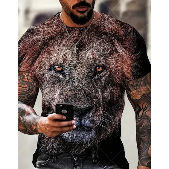 OUKU Men's Graphic Animal Lion T Shirt Short Sleeve T shirt 3D Print Crew Neck Shirt Vintage Fashion Designer Outdoor Daily Sports Dark Brown Black Yellow Spring & Summer Clothing Apparel S M L XL 2XL 3XL