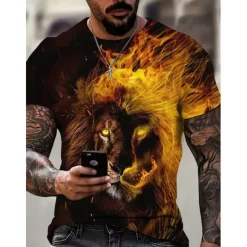 OUKU Men's Graphic Animal Lion T Shirt Short Sleeve T shirt 3D Print Crew Neck Shirt Vintage Fashion Designer Outdoor Daily Sports Dark Brown Black Yellow Spring & Summer Clothing Apparel S M L XL 2XL 3XL