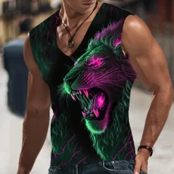 Sale OUKU Men's Graphic Animal Lion Vest Top Sleeveless T Shirt for Men Sleeveless T shirt 3D Print V Neck Shirt Designer Casual Muscle Sports Running Gym Blue Orange Green Spring & Summer Clothing Apparel S M