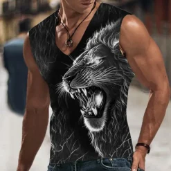 Sale OUKU Men's Graphic Animal Lion Vest Top Sleeveless T Shirt for Men Sleeveless T shirt 3D Print V Neck Shirt Designer Casual Muscle Sports Running Gym Blue Orange Green Spring & Summer Clothing Apparel S M