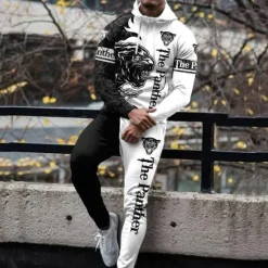 OUKU Men's Graphic Animal 2pcs 3D Sweatshirt Sets Tracksuit Hoodies Long Sleeve Long pants Hooded Streetwear Designer Basic Sports & Outdoor Casual Sports Zipper Spring Fall White Yellow Blue