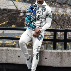 OUKU Men's Graphic Animal 2pcs 3D Sweatshirt Sets Tracksuit Hoodies Long Sleeve Long pants Hooded Streetwear Designer Basic Sports & Outdoor Casual Sports Zipper Spring Fall White Yellow Blue