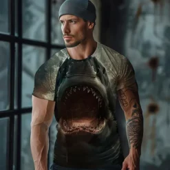 Discount OUKU Men's Graphic Animal Shark T Shirt Short Sleeve T shirt 3D Print Crew Neck Shirt Daily Designer Retro Vintage Sports Outdoor Holiday Going out Royal Blue Blue Brown Spring & Summer Clothing Apparel S