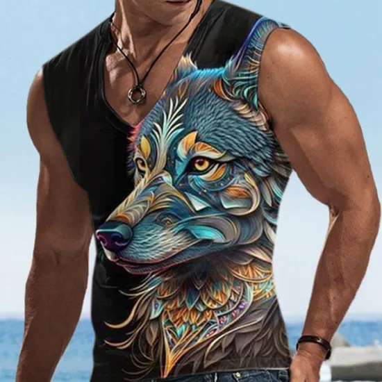 OUKU Men's Graphic Animal Tank Top Vest Top Sleeveless T Shirt for Men Sleeveless T shirt 3D Print V Neck Shirt Designer Casual Muscle Sports Running Gym Black Blue Dark Blue Spring & Summer Clothing