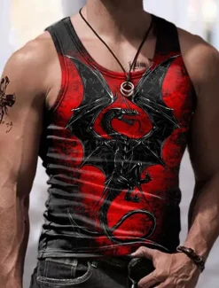 OUKU Men's Graphic Animal Vest Top Sleeveless T Shirt for Men Sleeveless T shirt 3D Print Crew Neck Shirt Fashion Designer Muscle Daily Sports Running Spring & Summer Clothing Apparel S M L XL 2XL 3XL Red