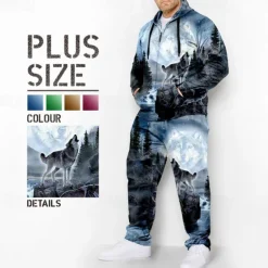 Clearance OUKU Men's Graphic Animal Wolf 2pcs 3D Sweatshirt Sets Hoodie Tracksuit Long Sleeve Long pants Hooded Fashion Designer Casual Daily Sports Going out 3D Print Spring & Fall Pink Blue Orange