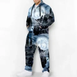 Clearance OUKU Men's Graphic Animal Wolf 2pcs 3D Sweatshirt Sets Hoodie Tracksuit Long Sleeve Long pants Hooded Fashion Designer Casual Daily Sports Going out 3D Print Spring & Fall Pink Blue Orange
