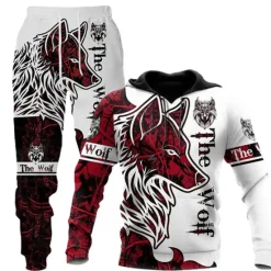 Clearance OUKU Men's Graphic Animal Wolf 2pcs 3D Sweatshirt Sets Tracksuit Hoodies Long Sleeve Long pants Hooded Streetwear Designer Basic Sports & Outdoor Casual Sports Print Spring Fall Red