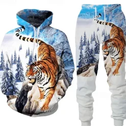 Clearance OUKU Men's Graphic Animal Wolf 2pcs 3D Sweatshirt Sets Tracksuit Hoodies Long Sleeve Long pants Hooded Streetwear Designer Basic Sports & Outdoor Casual Sports Print Spring Fall Black White Blue