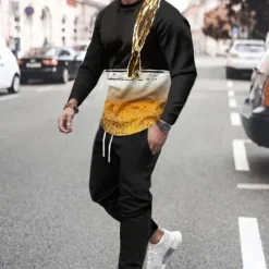 Outlet OUKU Men's Graphic Beer 2pcs 3D Sweatshirt Sets Tracksuit Long Sleeve Long pants Crew Neck Streetwear Sportswear Basic Sports & Outdoor Casual Sports Print Spring Fall Black