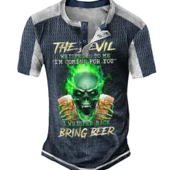 Sale OUKU Men's Graphic Beer Skulls Henley Shirt Tee Short Sleeve 3D Print Fashion Designer Comfortable Outdoor Casual Daily Summer Black Navy Blue Purple Brown Green Henley Henley T-Shirt