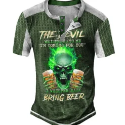 Sale OUKU Men's Graphic Beer Skulls Henley Shirt Tee Short Sleeve 3D Print Fashion Designer Comfortable Outdoor Casual Daily Summer Black Navy Blue Purple Brown Green Henley Henley T-Shirt