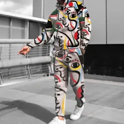 New OUKU Men's Graphic Cartoon Abstract 2pcs 3D Sweatshirt Sets Tracksuit Hoodies Long Sleeve Long pants Hooded Streetwear Sportswear Basic Sports & Outdoor Casual Sports Print Spring Fall Gray