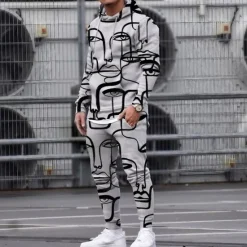 Clearance OUKU Men's Graphic Cartoon Abstract 2pcs 3D Sweatshirt Sets Tracksuit Hoodies Long Sleeve Long pants Hooded Streetwear Sportswear Basic Sports & Outdoor Casual Sports Print Front Pocket Spring Fall Gray
