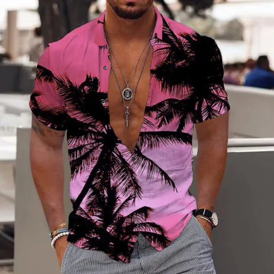 Online OUKU Men's Graphic Coconut Tree Hawaiian Shirt Summer Shirt Summer Hawaiian Shirt Short Sleeve Shirt Turndown Fashion Designer Casual Outdoor Street Casual Light Yellow Black-White Yellow Print S M L