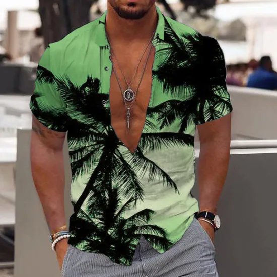Online OUKU Men's Graphic Coconut Tree Hawaiian Shirt Summer Shirt Summer Hawaiian Shirt Short Sleeve Shirt Turndown Fashion Designer Casual Outdoor Street Casual Light Yellow Black-White Yellow Print S M L