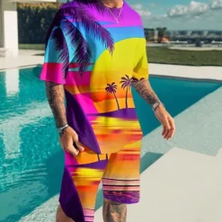 Discount OUKU Men's Graphic Coconut Tree 2pcs Tees sets Matching Sets Short Sleeve Short Pants Crew Neck Designer Casual Comfortable Outdoor Vacation Daily 3D Print Spring & Summer Yellow Blue Purple