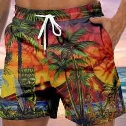 Clearance OUKU Men's Graphic Coconut Tree Swim Trunks Swim Shorts Board Shorts Mid Waist Hawaiian Boho Casual Daily Holiday Drawstring with Mesh lining Elastic Waist Designer Clothing Apparel