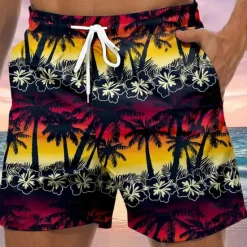 Clearance OUKU Men's Graphic Coconut Tree Swim Trunks Swim Shorts Board Shorts Mid Waist Hawaiian Boho Casual Daily Holiday Drawstring with Mesh lining Elastic Waist Designer Clothing Apparel