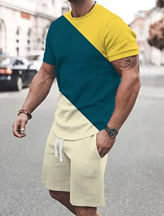 Best OUKU Men's Graphic Color Block 2pcs Tees sets Matching Sets Short Sleeve Short Pants Crew Neck Designer Casual Comfortable Outdoor Vacation Daily 3D Print Spring & Summer Black White Yellow