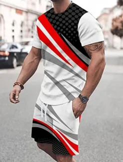 Best OUKU Men's Graphic Color Block 2pcs Tees sets Matching Sets Short Sleeve Short Pants Crew Neck Designer Casual Comfortable Outdoor Vacation Daily 3D Print Spring & Summer Black White Yellow