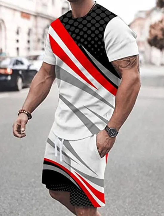 Best OUKU Men's Graphic Color Block 2pcs Tees sets Matching Sets Short Sleeve Short Pants Crew Neck Designer Casual Comfortable Outdoor Vacation Daily 3D Print Spring & Summer Black White Yellow