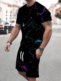 Best OUKU Men's Graphic Color Block 2pcs Tees sets Matching Sets Short Sleeve Short Pants Crew Neck Designer Casual Comfortable Outdoor Vacation Daily 3D Print Spring & Summer Black White Yellow