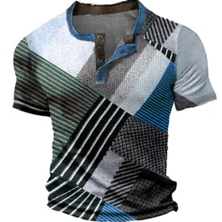 Sale OUKU Men's Graphic Color Block Waffle Henley Shirt Tee Vintage Shirt Short Sleeve 3D Print Fashion Designer Comfortable Outdoor Casual Daily Summer Black Blue Sky Blue Brown Gray Henley Henley T-Shirt