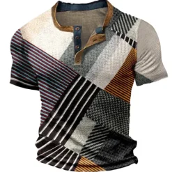 Sale OUKU Men's Graphic Color Block Waffle Henley Shirt Tee Vintage Shirt Short Sleeve 3D Print Fashion Designer Comfortable Outdoor Casual Daily Summer Black Blue Sky Blue Brown Gray Henley Henley T-Shirt