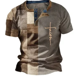 Sale OUKU Men's Graphic Color Block Waffle Henley Shirt Short Sleeve 3D Print Fashion Designer Basic Outdoor Daily Summer Light Brown White Blue Brown Henley Henley T-Shirt