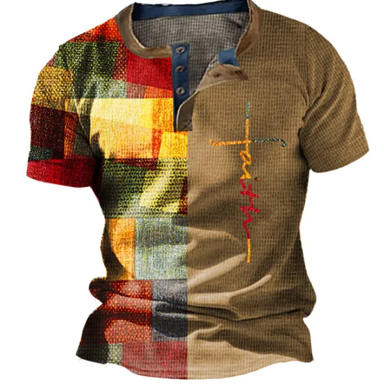 Sale OUKU Men's Graphic Color Block Waffle Henley Shirt Short Sleeve 3D Print Fashion Designer Basic Outdoor Daily Summer Light Brown White Blue Brown Henley Henley T-Shirt