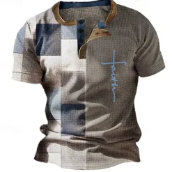 Sale OUKU Men's Graphic Color Block Waffle Henley Shirt Short Sleeve 3D Print Fashion Designer Basic Outdoor Daily Summer Light Brown White Blue Brown Henley Henley T-Shirt