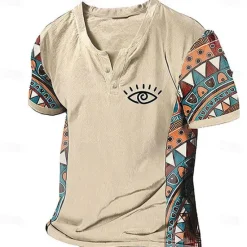 Discount OUKU Men's Graphic Color Block Tribal T Shirt Henley Shirt Short Sleeve 3D Printing Designer Ethnic Classic Outdoor Vacation Daily Spring & Summer Dark Brown Blue Sky Blue Brown Green V Neck Henley T-Shirt