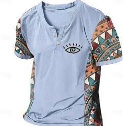 Discount OUKU Men's Graphic Color Block Tribal T Shirt Henley Shirt Short Sleeve 3D Printing Designer Ethnic Classic Outdoor Vacation Daily Spring & Summer Dark Brown Blue Sky Blue Brown Green V Neck Henley T-Shirt