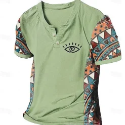 Discount OUKU Men's Graphic Color Block Tribal T Shirt Henley Shirt Short Sleeve 3D Printing Designer Ethnic Classic Outdoor Vacation Daily Spring & Summer Dark Brown Blue Sky Blue Brown Green V Neck Henley T-Shirt