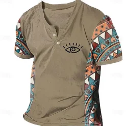 Discount OUKU Men's Graphic Color Block Tribal T Shirt Henley Shirt Short Sleeve 3D Printing Designer Ethnic Classic Outdoor Vacation Daily Spring & Summer Dark Brown Blue Sky Blue Brown Green V Neck Henley T-Shirt