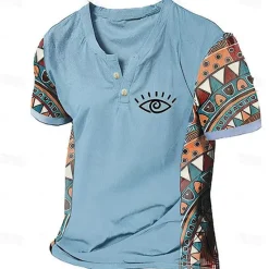 Discount OUKU Men's Graphic Color Block Tribal T Shirt Henley Shirt Short Sleeve 3D Printing Designer Ethnic Classic Outdoor Vacation Daily Spring & Summer Dark Brown Blue Sky Blue Brown Green V Neck Henley T-Shirt