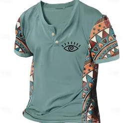Discount OUKU Men's Graphic Color Block Tribal T Shirt Henley Shirt Short Sleeve 3D Printing Designer Ethnic Classic Outdoor Vacation Daily Spring & Summer Dark Brown Blue Sky Blue Brown Green V Neck Henley T-Shirt
