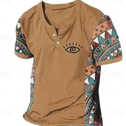 Discount OUKU Men's Graphic Color Block Tribal T Shirt Henley Shirt Short Sleeve 3D Printing Designer Ethnic Classic Outdoor Vacation Daily Spring & Summer Dark Brown Blue Sky Blue Brown Green V Neck Henley T-Shirt