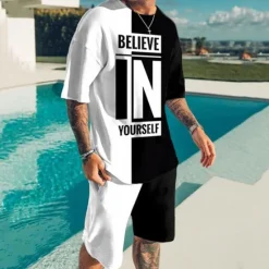 Online OUKU Men's Graphic Color Block Letter 2pcs Tees sets Matching Sets Short Sleeve Short Pants Crew Neck Fashion Lightweight Basic Street Daily Sports Print Summer Spring Black and Red Black+White